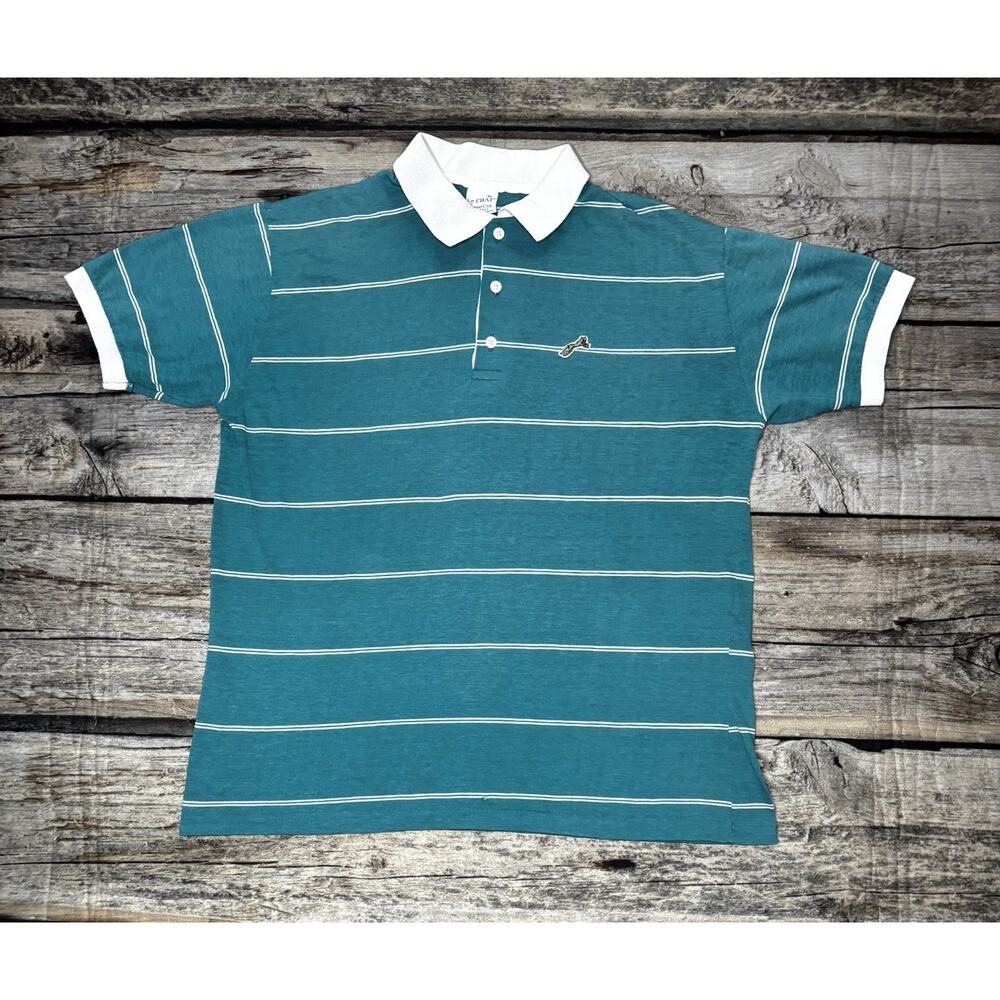 Vintage Le Chat Career Club Mens Size XL Striped Preppy Polo Shirt Green White